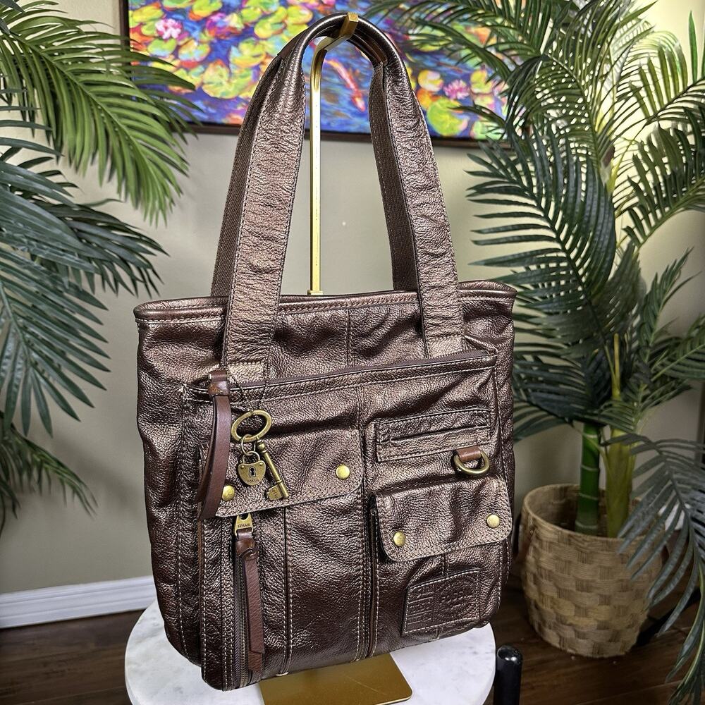 Fossil Morgan Traveler Cargo Tote Bag Heritage Bronze Key Lock Pebbled Leather